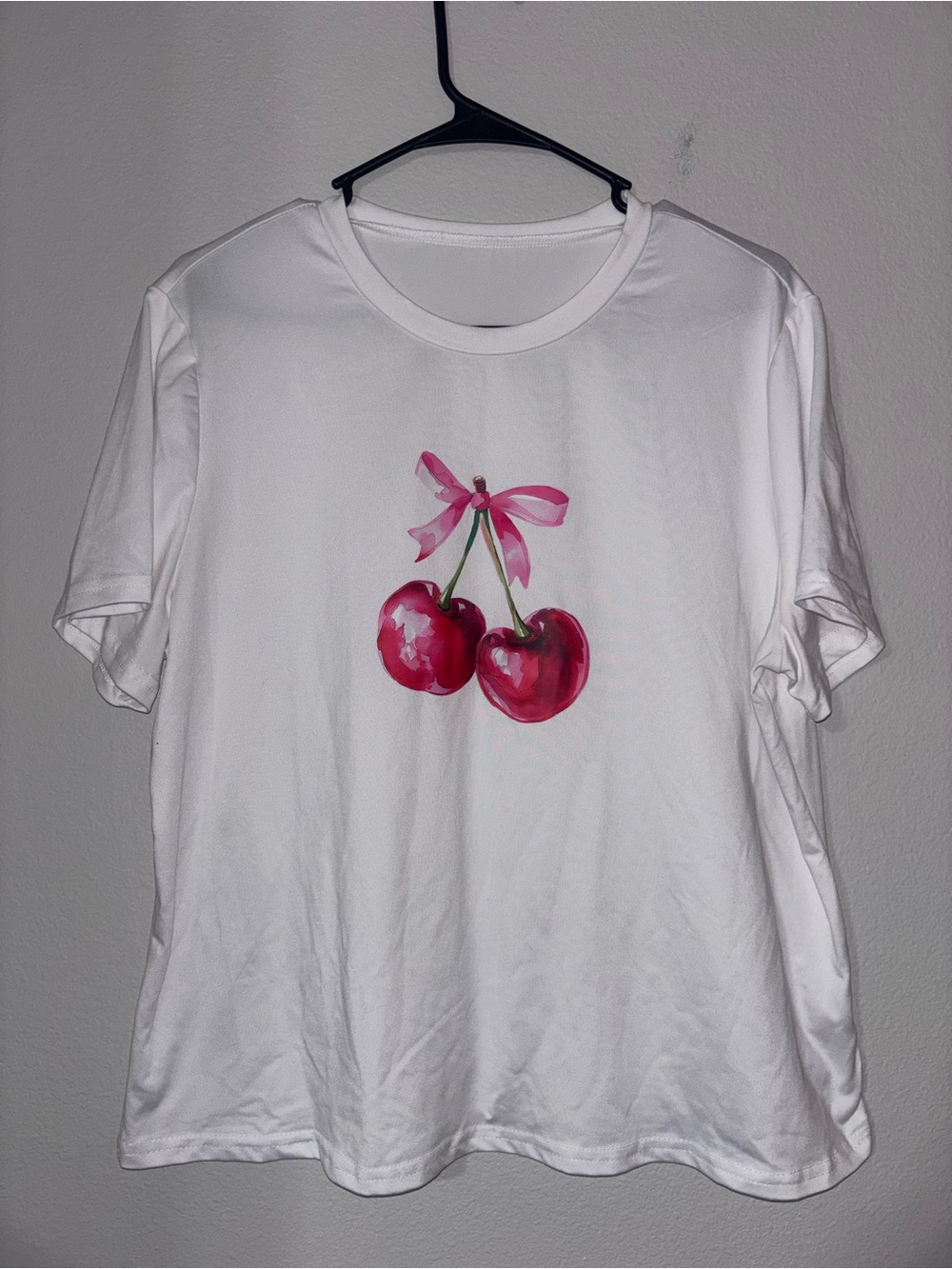 SHEIN White Short Sleeve Tee with Pink Cherry Graphic